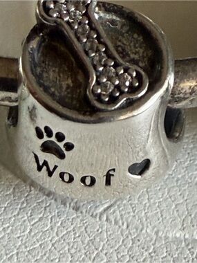 Authentic Pandora Dog Bowl Woof Dog Bone with Clear CZ Charm Silver